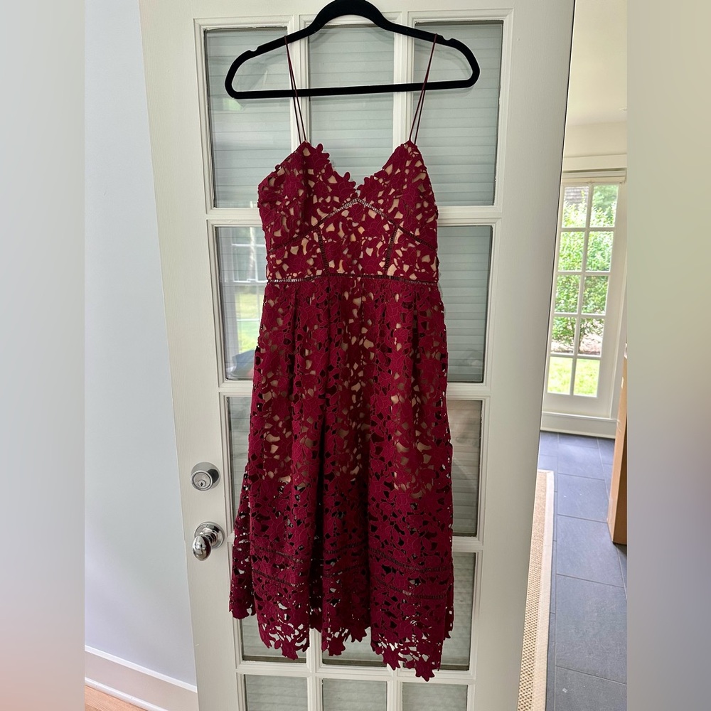 Self-Portrait Wine Red Lace Midi Dress